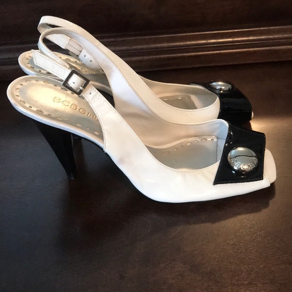 BCBGIRLS black/white open toe heels - Picture 2 of 8